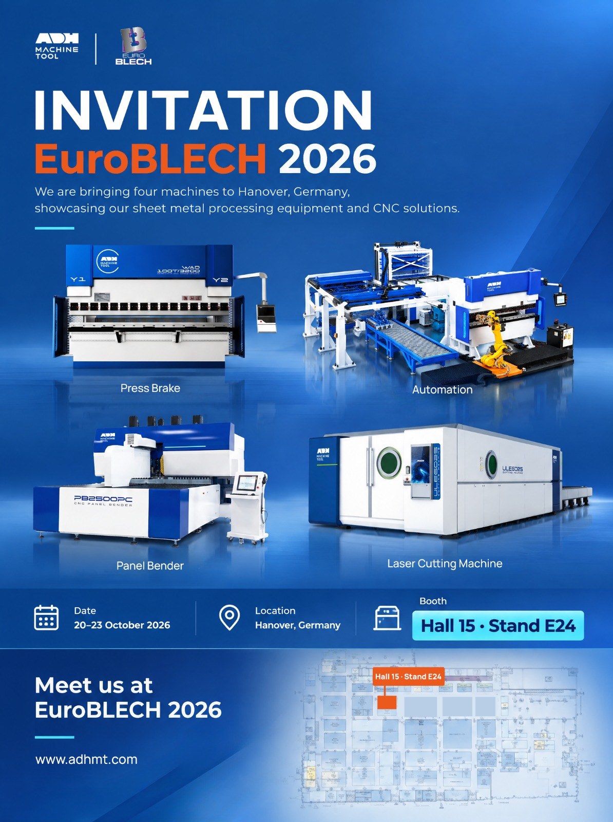 Invitación de ADH a EuroBLECH 2026 con las cuatro máquinas expuestas