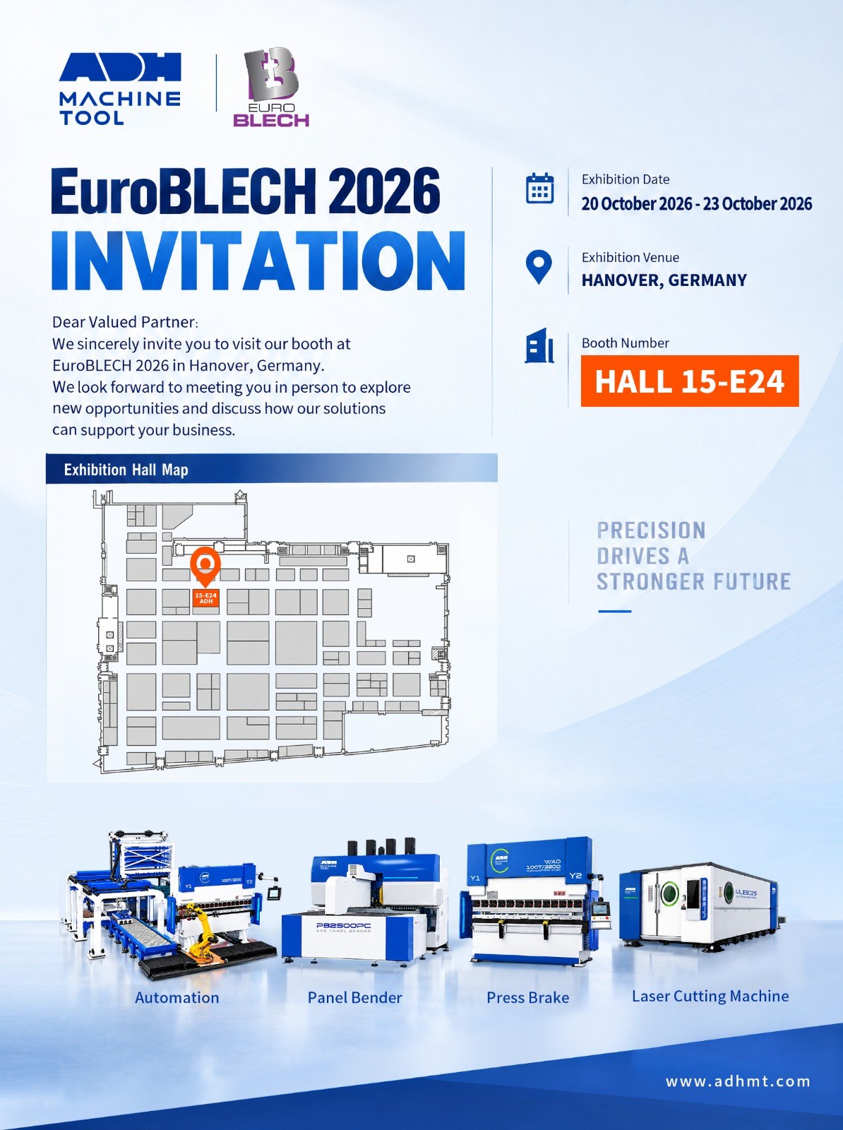 Invitación con el plano del pabellón 15 y el stand E24